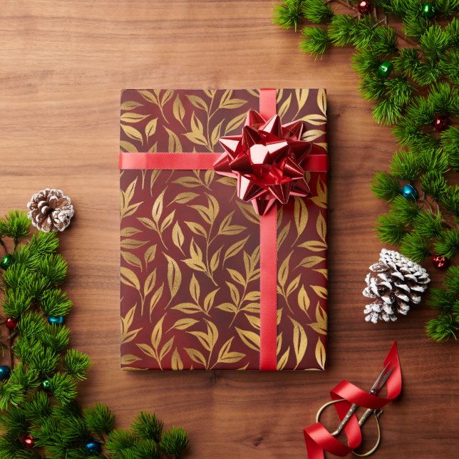 Elegant Red Gold Leaf Botanical Christmas  Geschenkpapier (Feiertagsgeschenk)