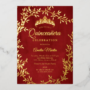 Elegant Red Gold Leaf Wreath Quinceanera Folieneinladung