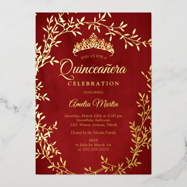 Elegant Red Gold Leaf Wreath Quinceanera Folieneinladung (Vorderseite)