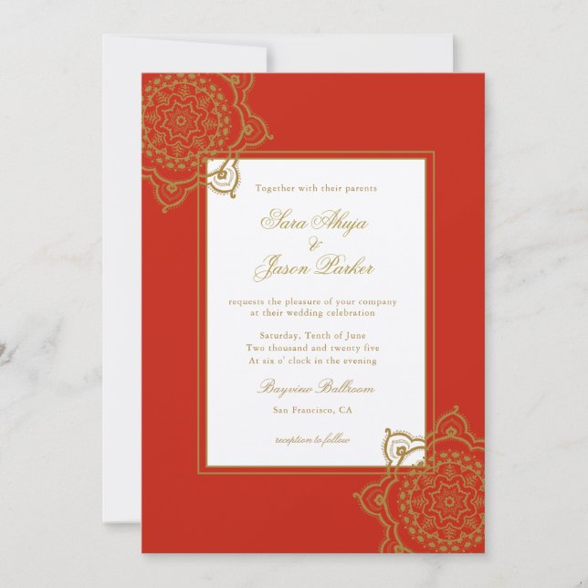 Elegant Red & Gold Mandala Indianerhochzeit Einladung (Vorderseite)