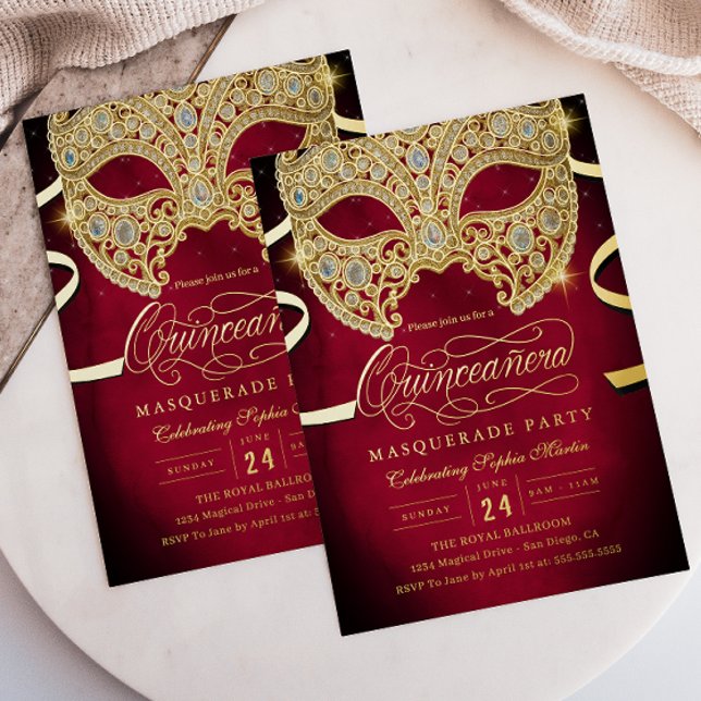Elegant Red Gold Masquerade Quinceanera Folieneinladung (Von Creator hochgeladen)
