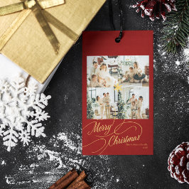 Elegant Red & Gold Merry Christmas Family Photo -  Geschenkanhänger