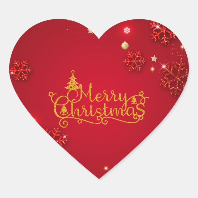 Elegant Red & Gold Merry Christmas Heart Stickers  (Devant)