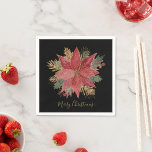 Elegant Red Gold Poinsettia Blume Frohe Weihnachte Serviette
