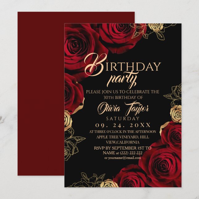 Elegant Red Gold Roses Birthday Party Einladung (Vorne/Hinten)