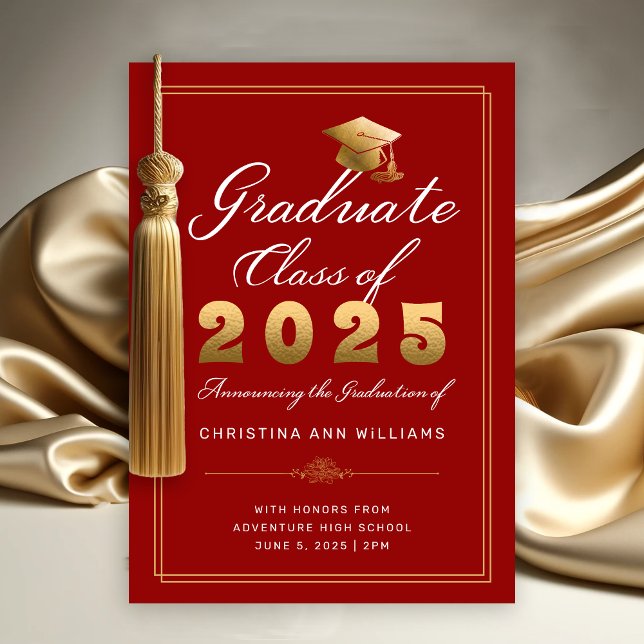 Elegant Red Gold Script Class of 2025 Abschluss Ankündigung (Elegant Gold White Script on Red with thin gold frame Graduation Announcement)