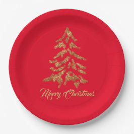 Elegant Red Golden Tree Frohe Weihnachten Pappteller