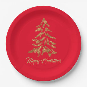 Elegant Red Golden Tree Frohe Weihnachten Pappteller
