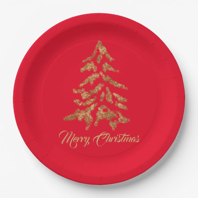 Elegant Red Golden Tree Frohe Weihnachten Pappteller (Vorderseite)