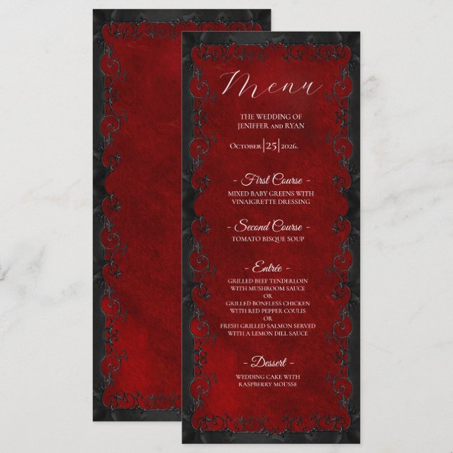 Elegant red Gothic Wedding Menu (Devant / Derrière)