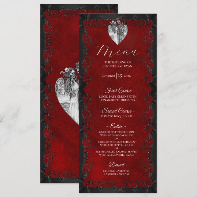 Elegant red Gothic Wedding Menu (Devant / Derrière)