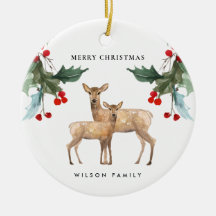 ELEGANT RED GREEN HOLLY BERRY DEER DUO CHRISTMAS