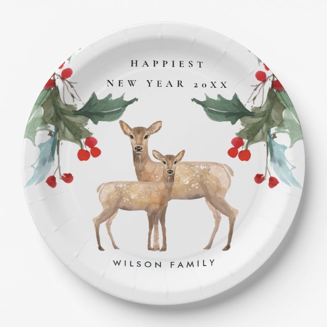 ELEGANT RED GREEN HOLLY BERRY DEER DUO NEW YEY PAPPTELLER (Vorderseite)