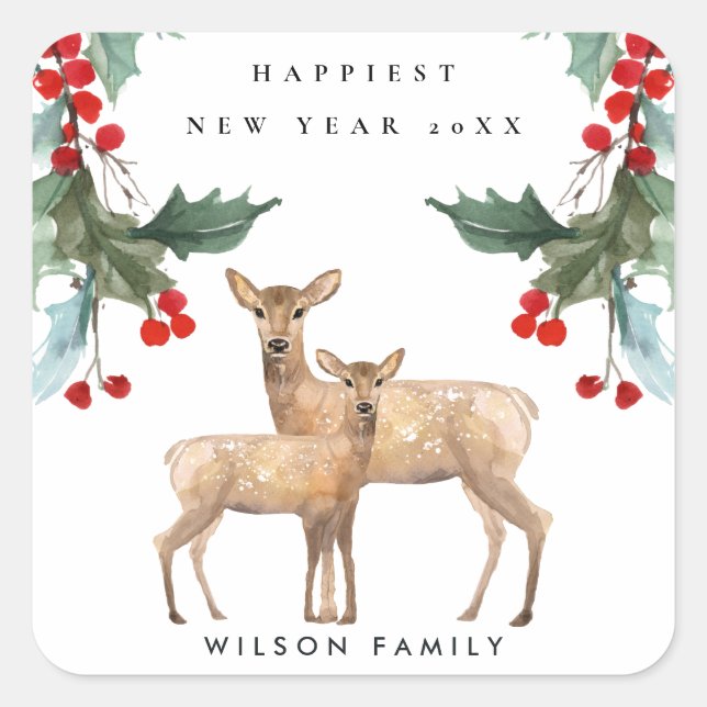 ELEGANT RED GREEN HOLLY BERRY DEER DUO NEW YEY QUADRATISCHER AUFKLEBER (Vorderseite)