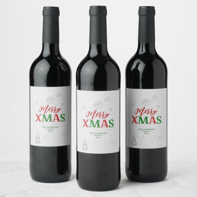 Elegant Red Green Kristall Merry White Christmas Weinetikett (Flaschen)