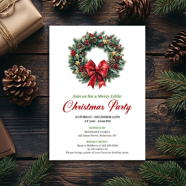 Elegant Red Green Pine Wreath Party Invitation Einladung (Elegant Red Green Pine Wreath Party Invitation)