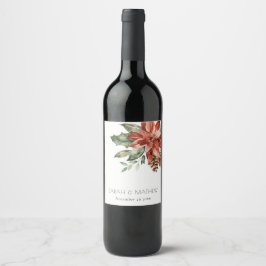 Elegant Red Green Poinsettia Pine Cone Wedding Weinetikett