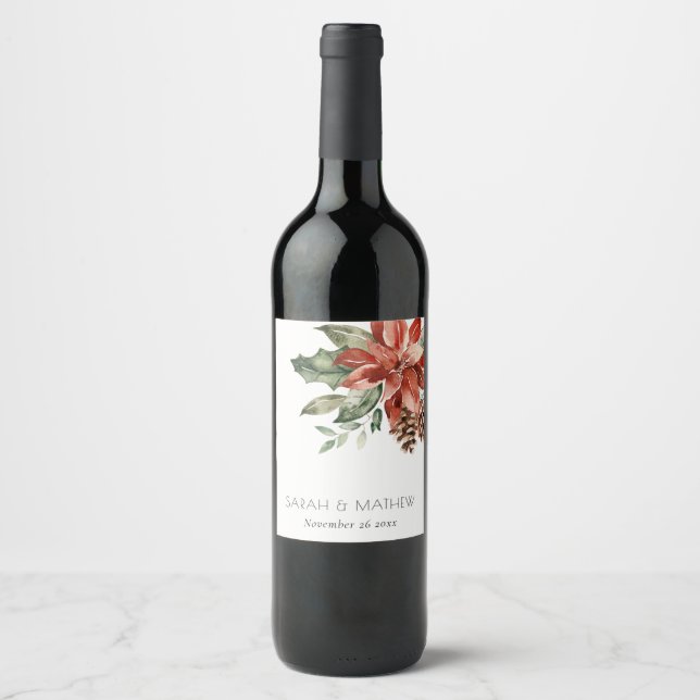 Elegant Red Green Poinsettia Pine Cone Wedding Weinetikett (Vorderseite)