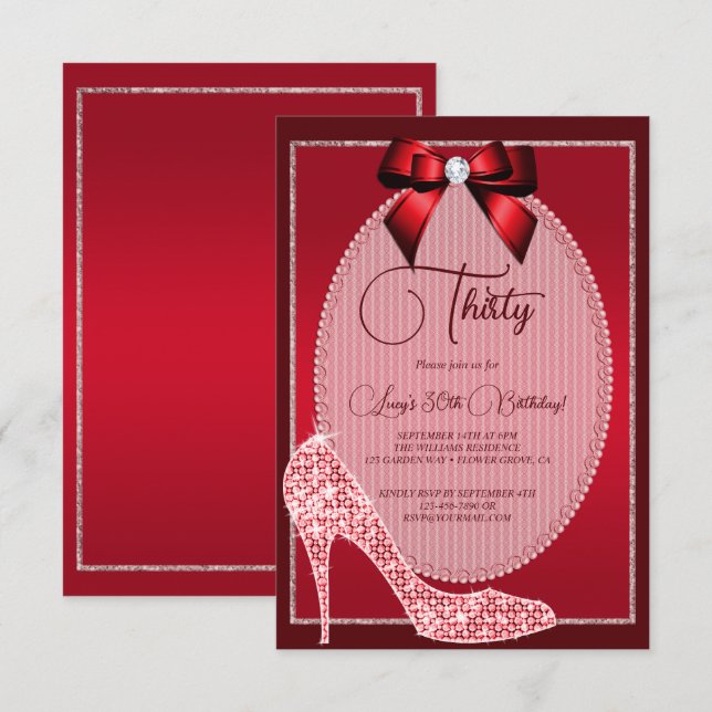 Elegant Red Jewel Bow & Stiletto Birthday Einladung (Vorne/Hinten)