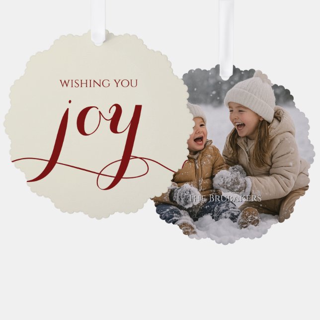 Elegant Red Joy Personalized Christmas Photo Ornament Karte (Vorderseite/Rückseite)