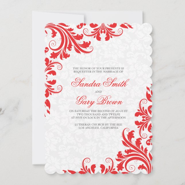 Elegant Red Lace White Damasks Wedding Einladung (Vorderseite)
