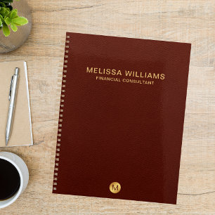 Elegant Red Leather & Gold Monogram Initial Planer