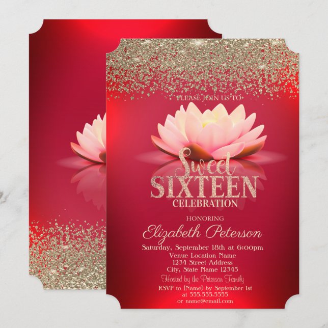 Elegant Red Lotus Gold Confetti Diamond Sweet 16 Einladung (Vorne/Hinten)