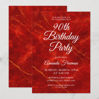 Elegant Red Marble 90. Geburtstag Einladung