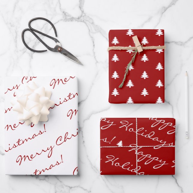 Elegant Red Merry Christmas Happy Holidays Script Geschenkpapier Set (Vorderseite)
