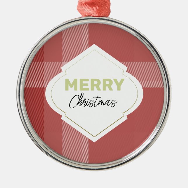 Elegant Red Merry Christmas Tartan Burgundy Ornament Aus Metall (Vorne)