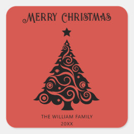 Elegant Red Merry Christmas Tree Weihnachtsgeschen Quadratischer Aufkleber