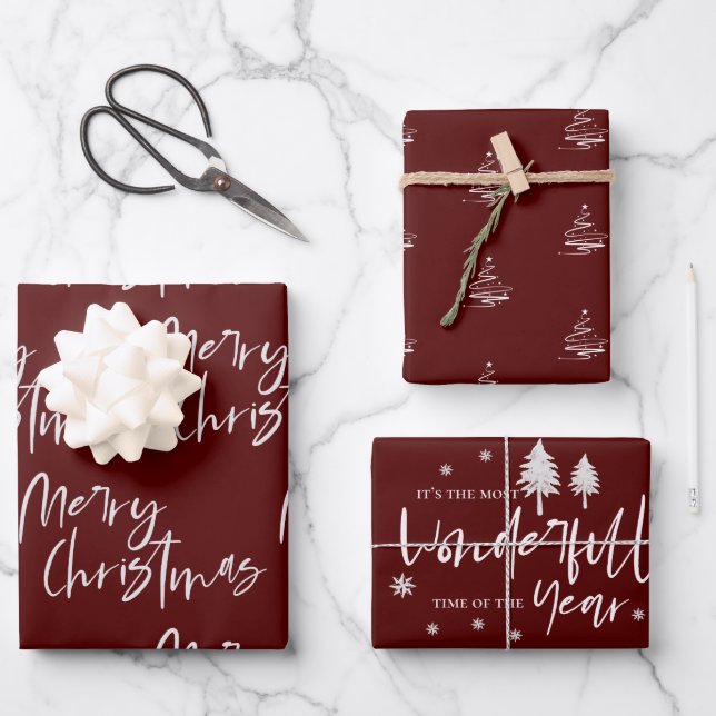 Elegant Red Merry Weihnachtsgeschenk Geschenkpapier Set (Vorderseite)
