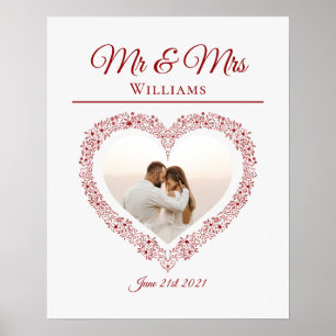 Elegant Red Mr. and Mrs. Valentine's Day Foto Herz Poster