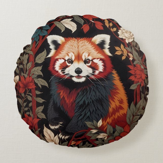 Elegant Red Panda William Morris Inspiriert Rundes Kissen (Vorderseite)