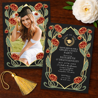 Elegant Red Peony Art Nouveau Graduation Party Einladung