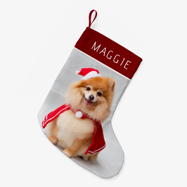 Elegant Red Pet Dog Photo Custom Name Kleiner Weihnachtsstrumpf (Vorderansicht (hängend))