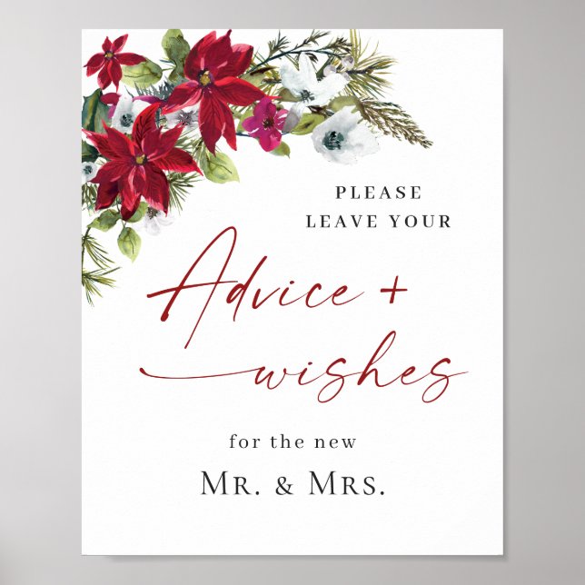 Elegant Red Poinsettia Advice & Wishings Wedding Poster (Vorne)