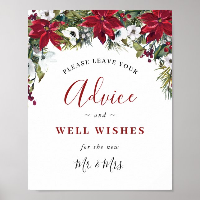 Elegant Red Poinsettia Advice & Wishings Wedding Poster (Vorne)