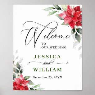Elegant Red Poinsettia Eucalyptus Wedding Willkomm Poster