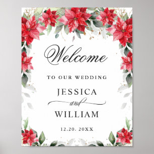 Elegant Red Poinsettia Eucalyptus Wedding Willkomm Poster