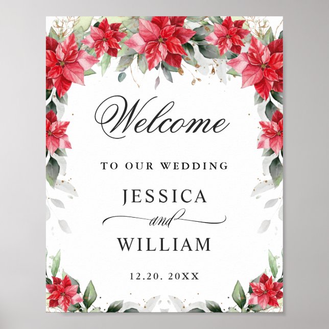 Elegant Red Poinsettia Eucalyptus Wedding Willkomm Poster (Vorne)