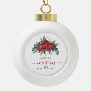 Elegant Red Poinsettia Floral Frohe Weihnachten Keramik Kugel-Ornament
