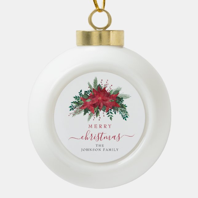 Elegant Red Poinsettia Floral Frohe Weihnachten Keramik Kugel-Ornament (Vorderseite)