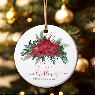 Elegant Red Poinsettia Floral Frohe Weihnachten Keramik Ornament