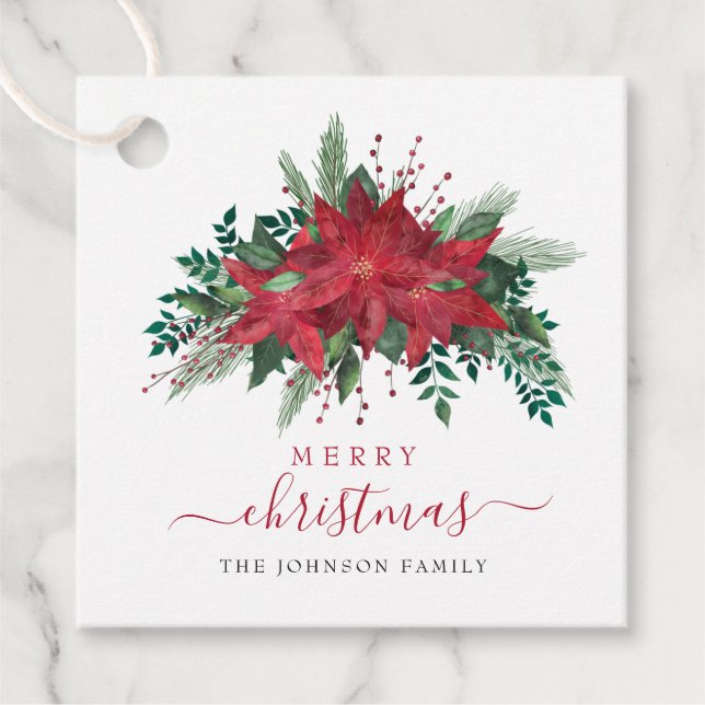 Elegant Red Poinsettia Floral Script Weihnachten Geschenkanhänger (Vorderseite)