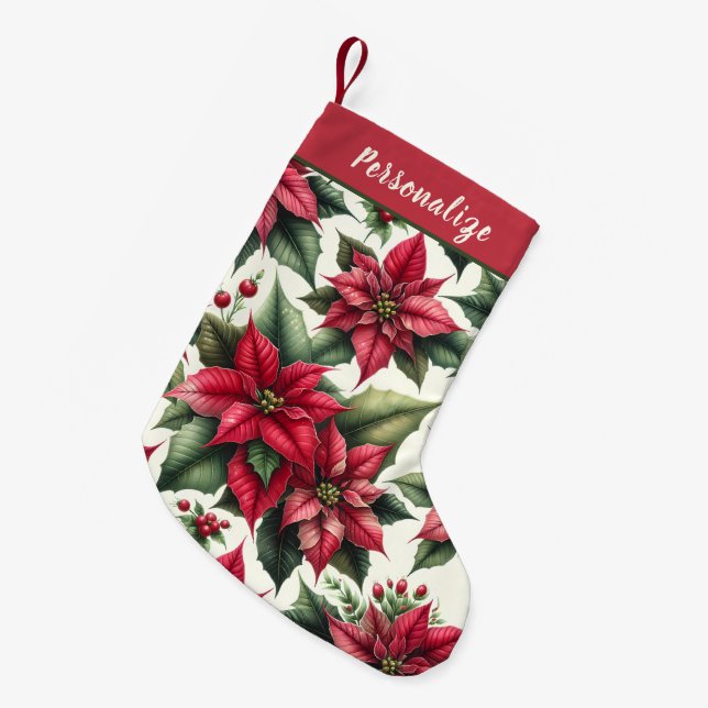 Elegant Red Poinsettia Flowers Personalized Kleiner Weihnachtsstrumpf (Vorderansicht (hängend))
