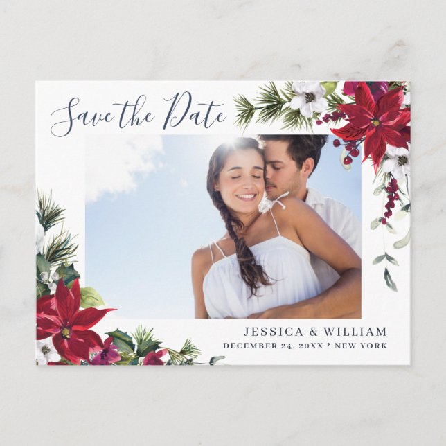 Elegant Red Poinsettia FOTO Wedding Save the Date Ankündigungspostkarte (Vorderseite)