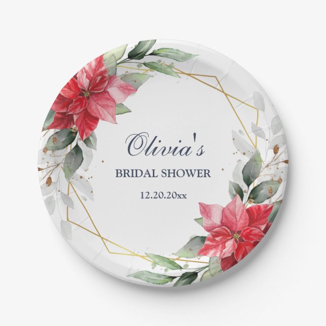 Elegant Red Poinsettia Greenery BRAUTPARTY Pappteller (Vorderseite)
