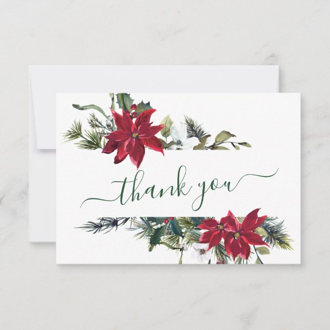 Elegant Red Poinsettia Pine Fir Watercolor Dankeskarte (Vorderseite)