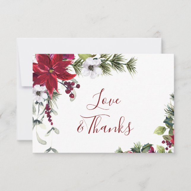 Elegant Red Poinsettia Pine Fir Watercolor Dankeskarte (Vorderseite)